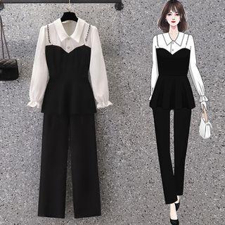 Mock Two-piece Puff-sleeve Blouse / Straight Leg Pants / Set