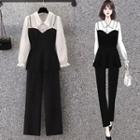 Mock Two-piece Puff-sleeve Blouse / Straight Leg Pants / Set