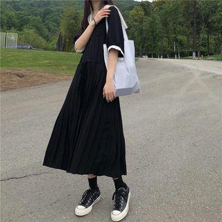 Elbow-sleeve Midi Pleated Dress Black - One Size