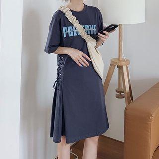 Lettering Short-sleeve Lace-up A-line T-shirt Dress