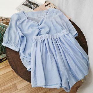 Set: Plain V-neck Blouse + High-waist Shorts