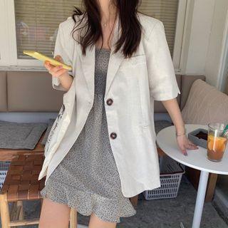 Short-sleeve Plain Blazer Short Sleeve - Almond - One Size