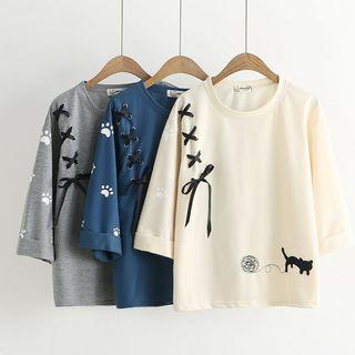 Cat Embroidered 3/4-sleeve T-shirt