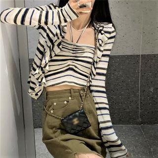 Set: Halter-neck Striped Camisole Top + Cardigan Black & White - M