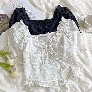 Puff-sleeve Ruffle Trim Square-neck Cropped Top