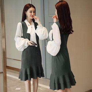 Set: Puff Sleeve Lace-up Blouse + V-neck Mermaid Pinafore Dress
