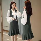 Set: Puff Sleeve Lace-up Blouse + V-neck Mermaid Pinafore Dress