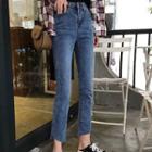 Asymmetric Frayed Hem Cropped Skinny Jeans