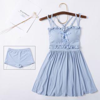 Set: Ruffled Lace-up Swim Dress + Shorts