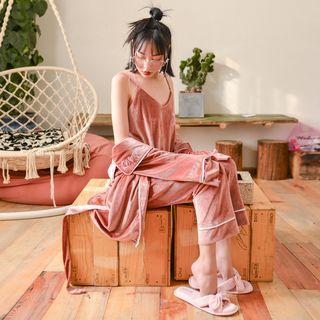 Loungewear Set: Flamingo Embroidered Velvet Robe + Camisole + Pants