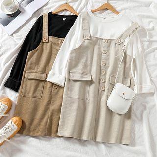 Long-sleeve Lettering Long T-shirt / Corduroy Pinafore Dress