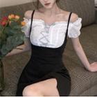 Off-shoulder Cutout Lace Top / Spaghetti-strap Slit Mini Bodycon Dress