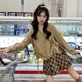 Drawstring V-neck Cardigan / Plaid Pleated Mini A-line Skirt