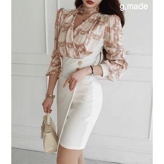 Scarf-neck Chain-pattern Wrap Dress