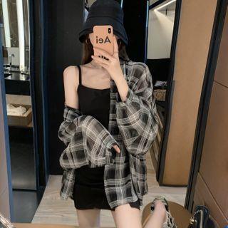 Long-sleeve Plaid Shirt / Sleeveless Plain Split Slim Fit Dress