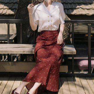 Set: Double-breasted Short-sleeve Blouse + Dotted Midi A-line Skirt