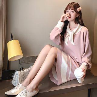 Set: Tie-neck Double-breasted Sweater + Two-tone Knit Skirt