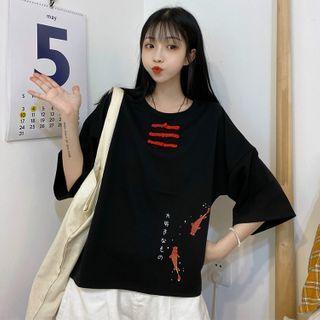 Elbow-sleeve Frog Button T-shirt