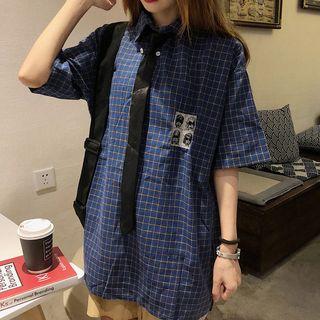 Plaid Elbow-sleeve Shirt With Tie / High Waist Shorts