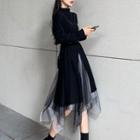 Set: Slit Knit Dress + Asymmetrical Mesh Midi A-line Skirt