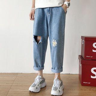 Flower Print Washed Ripped Straight-cut Jeans