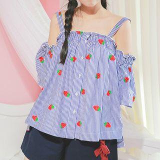 Strawberry Print Striped Off Shoulder Short Sleeve Top