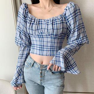 Off-shoulder Bell-sleeve Plaid Cropped Shirt