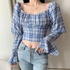 Off-shoulder Bell-sleeve Plaid Cropped Shirt
