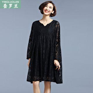Split-neck Lace Panel Long-sleeve Dress