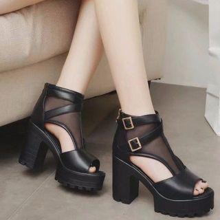 Mesh Panel Faux Leather Platform Chunky Heel Sandals