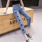 Heart Embroidered Cropped Tapered Jeans
