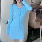 Long-sleeve Lace-up Front Knitted Mini Dress