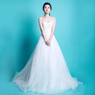 Chain Detailed Open Back Sleeveless Wedding Ball Gown