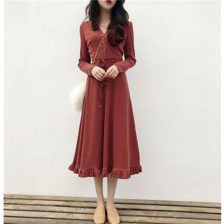 Long-sleeve Half Buttoned Midi A-line Dress