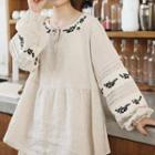 Embroidered Balloon-sleeve Blouse Beige - One Size
