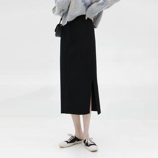 Knit Slit Midi Straight-fit Skirt Black - One Size