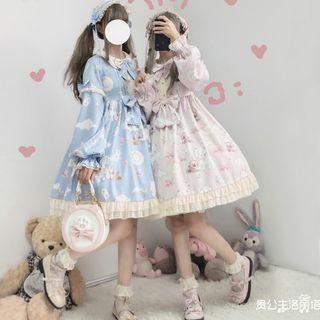 Sheep Print Pintuck Long-sleeve A-line Dress