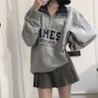 Half-zip Lettering Sweatshirt / Pleated Mini Skirt
