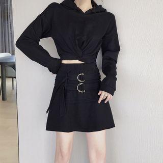 Set: Hooded Long-sleeve Cropped Top + High-waist Mini A-line Skirt