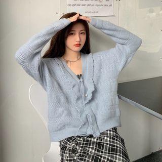 V-neck Plain Ruffle Button-up Cardigan