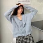 V-neck Plain Ruffle Button-up Cardigan