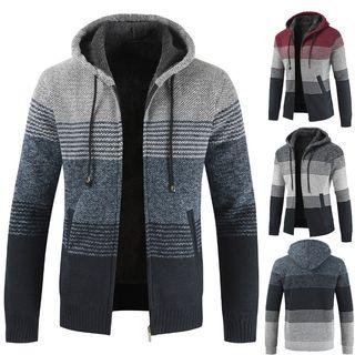 Color Block Hooded Knit Zip Jacket