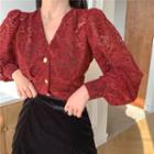 Lace V-neck Long-sleeve Blouse Wine Red - One Size