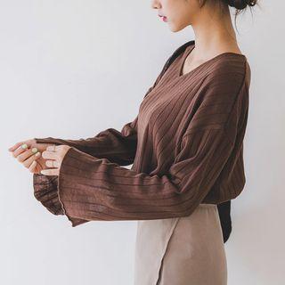 V-neck Wide Long-sleeve Loose-fit Knit Top
