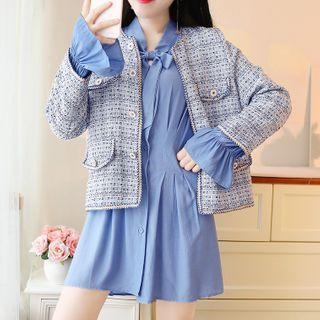 Long-sleeve Tweed Cardigan / Puff-sleeve Bow-accent Plain Shirt Dress