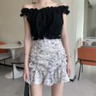 Off-shoulder Shirred Plain Top / High-waist Floral Shirred Mermaid Skirt