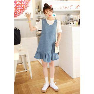 Sleeveless Pleats-hem Denim Mini Dress