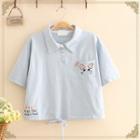 Cat Embroidered Short Sleeve Crop Polo Shirt