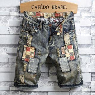 Distressed Patched Denim Straight Leg Shorts