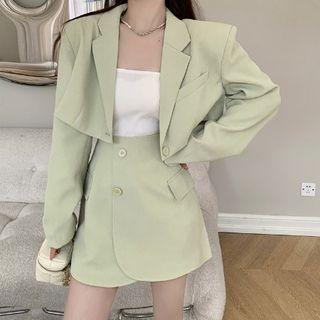 Cropped Long-sleeve Plain Blazer / High-waist A-line Semi Skirt